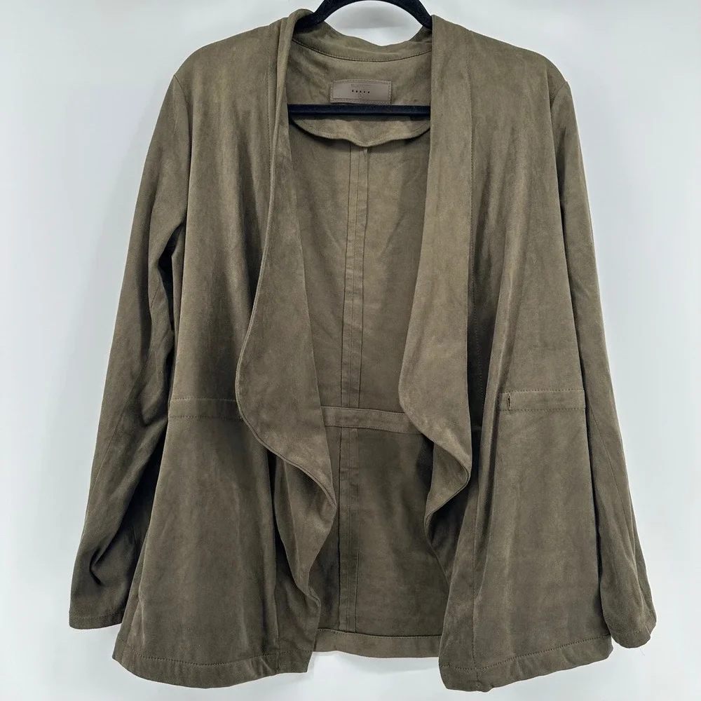 Blank NYC Drape Jacket Womens Large Olive Green Faux Suede Open Front 76X-S411NO - Picture 1 of 5